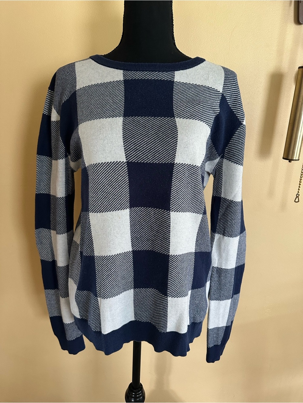 J. Crew Teddie Sweater Womens Medium Navy Blue White Buffalo Check Cotton Knit